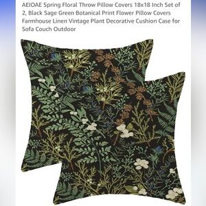 Boho green and black floral. 2 NWOT pillow covers 18x18 inch